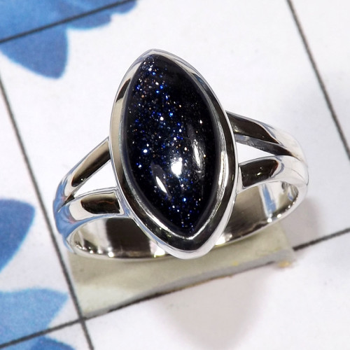 Blue Sand Stone A - PSR846 - Lovely Plain Setting Ring With 925 Sterling Silver & Mu Blue Sand Stone A - PSR846 - Lovely Plain Setting Ring With 925 Sterling Silver & Mu