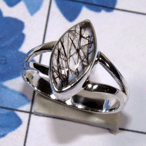 Black Rutile D - PSR845 - 925 Sterling Silver Plain Setting Ring With Geniune Gem