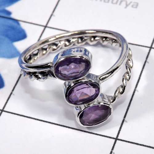 Amethyst Cut D - RSS946 - Geniune Multi Cut Gemstone Designed Rings of 925 Sterli