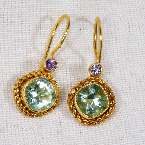 Green Amethyst, Amethyst F - BGE998-8mm Cushion with 3mm Round 18 crt Gold Plated 925 Sterlin Green Amethyst, Amethyst F - BGE998-8mm Cushion with 3mm Round 18 crt Gold Plated 925 Sterlin