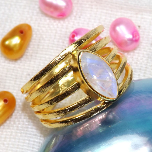 Rainbow Moonstone cut C - BGR999-5x10MM Marquise 925 Sterling Silver 18CRT Gold Plated Rin Rainbow Moonstone cut C - BGR999-5x10MM Marquise 925 Sterling Silver 18CRT Gold Plated Rin
