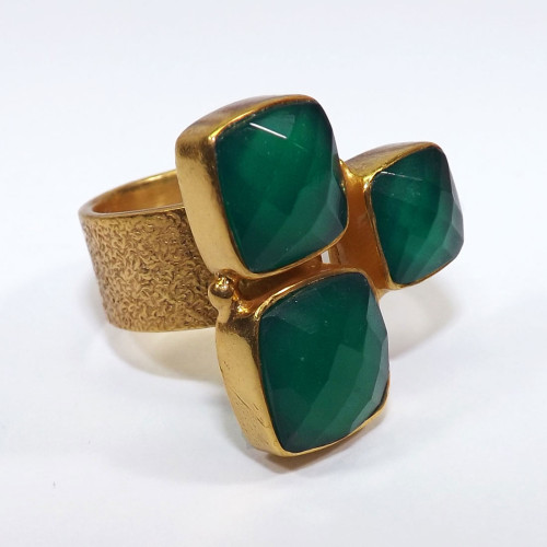 Green Onyx cut D - BGR991-7To9 mm Cushion Geniune Gemstones Rings of 18 Crt Gold Pl