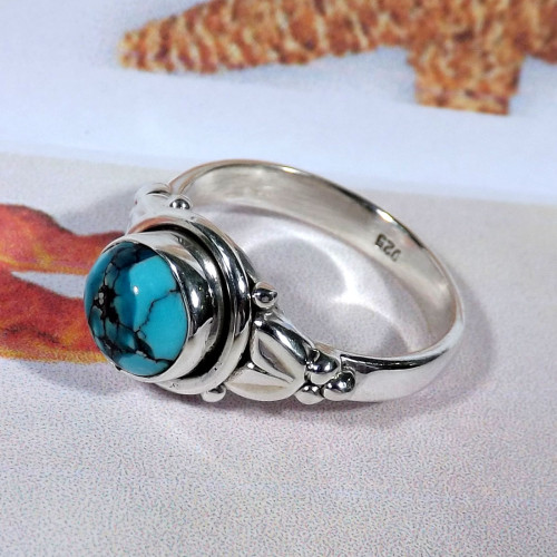 Tibet Turquoise O - BDR997-7x7mm Round Multi Gemstones Designed Ring of 925 Sterling