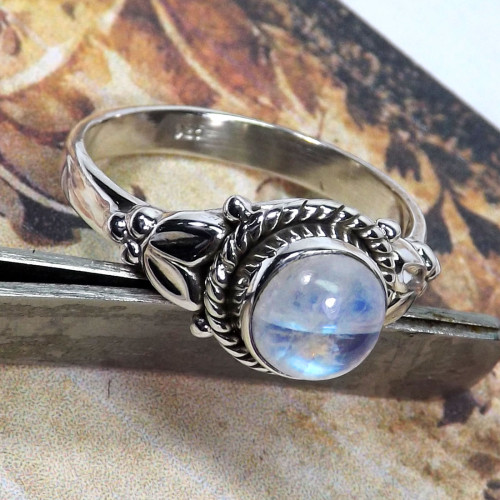 Rainbow Moonstone A - BDR996-Indian Factory Made Designed Rings of 7x7MM Round Shape W