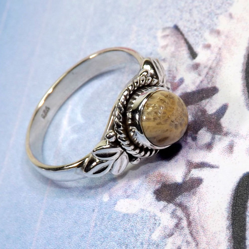Fossil Coral C - BDR996-Indian Factory Made Designed Rings of 7x7MM Round Shape W
