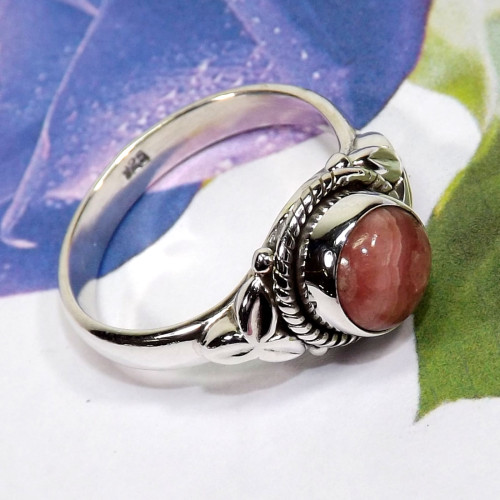 Rodochrosite D - BDR996-Indian Factory Made Designed Rings of 7x7MM Round Shape W