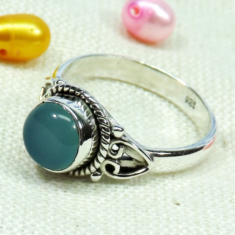 Blue Chalcedony A - BDR985-7X7MM Round Lovely Designed Rings of 925 Sterling Silver Blue Chalcedony A - BDR985-7X7MM Round Lovely Designed Rings of 925 Sterling Silver