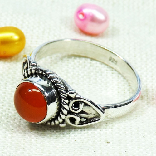 Carnelian Cab C - BDR985-7X7MM Round Lovely Designed Rings of 925 Sterling Silver