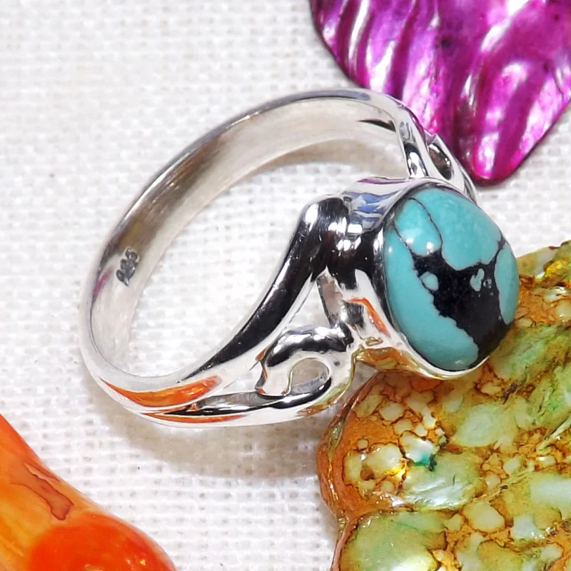 Tibet Turquoise D - BDR980-9X7MM Oval Shape Designed Rings With 925 Sterling Silver Tibet Turquoise D - BDR980-9X7MM Oval Shape Designed Rings With 925 Sterling Silver