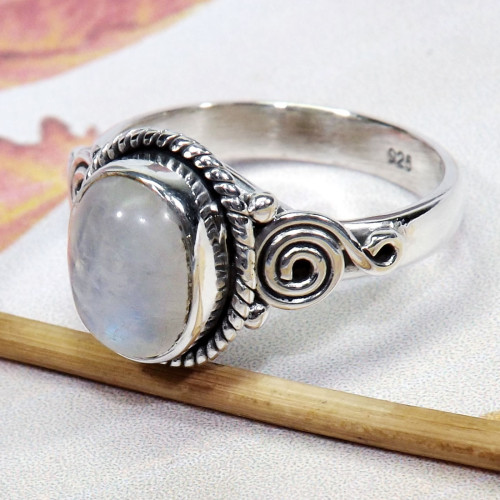 Rainbow Moonstone F - BDR976-Indian Factory Made Designed Rings 9X7MM Oval With 925 St