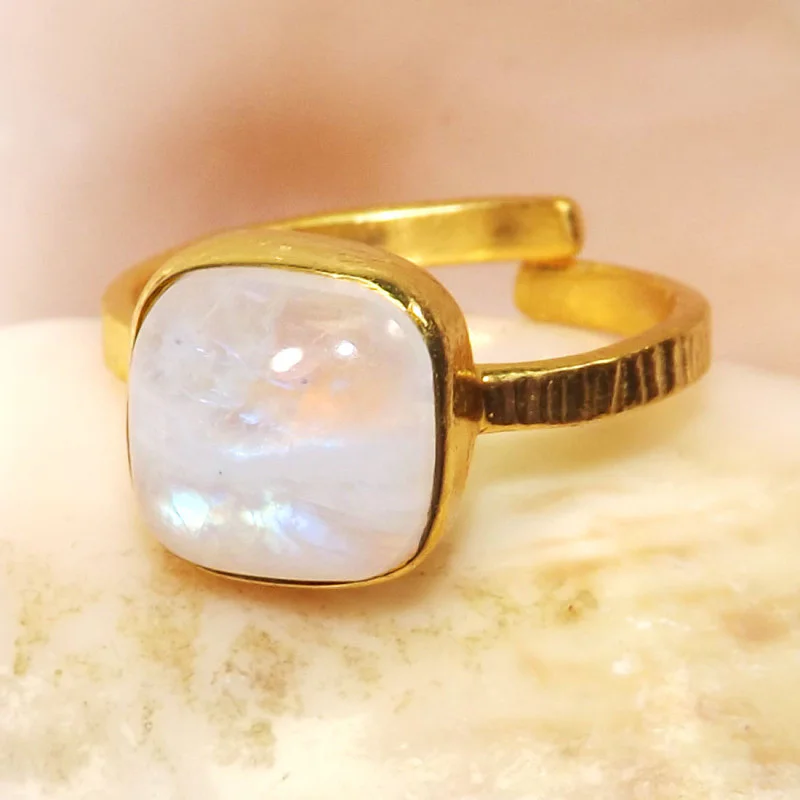 Rainbow Moonstone D - BGR971-Exclusive Adjustable Rings of 10mm Cushion Gemstones & 18 Rainbow Moonstone D - BGR971-Exclusive Adjustable Rings of 10mm Cushion Gemstones & 18