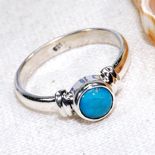 Blue Turquoise F - BDR970-925 Sterling Silver 6mm Round Lovely Rings