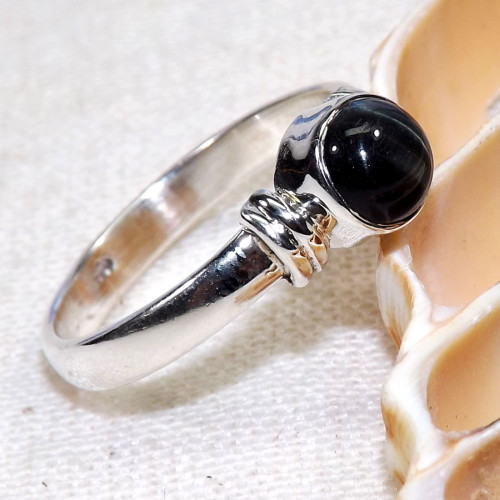 Black Tiger Eye G - BDR970-925 Sterling Silver 6mm Round Lovely Rings