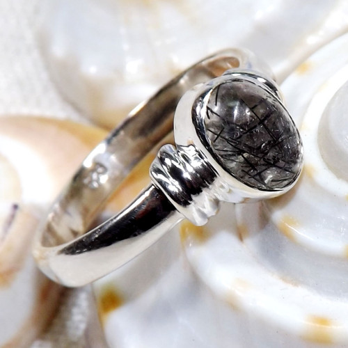 Black Rutile E - BDR965-925 Sterling Silver 7x5mm Oval Geniune Gemstone Rings Jew
