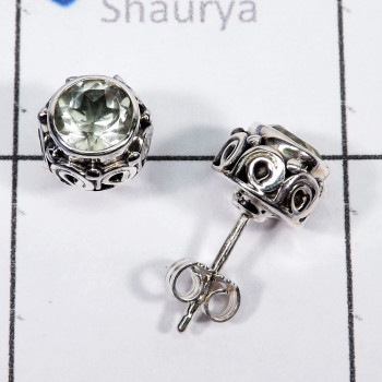 Green Amethyst O - SSE917-6mm Round Faceted Gemstone 925 Sterling Silver Handmade D
