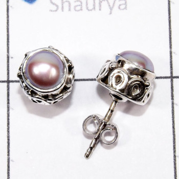 Pearl B - SSE916-6MM Round 925 Sterling Silver Designed Stud Earrings Jewe