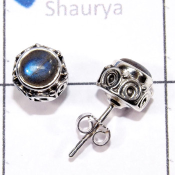 Labradorite Cab O - SSE916-6MM Round 925 Sterling Silver Designed Stud Earrings Jewe