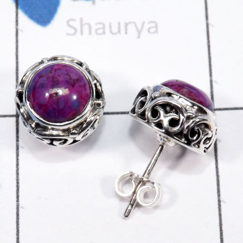 Purple Turquoise B - SSE915-8mm Round Designed Stud Earrings of 925 Sterling Silver W