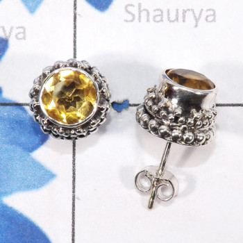 Citrine cut C - SSE913-6mm Round Designed Stud Earrings 925 Sterling Silver Jewe