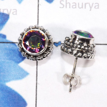 Mystic quartz O - SSE913-6mm Round Designed Stud Earrings 925 Sterling Silver Jewe