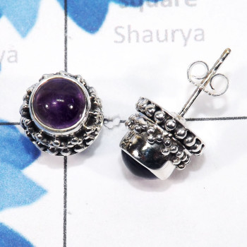 Amethyst Cab B - SSE912-6mm Round Designed Stud Earrings of 925 Sterling Silver J