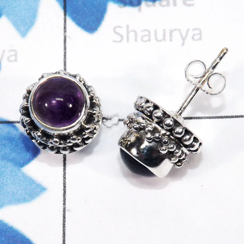 Amethyst Cab B - SSE912-6mm Round Designed Stud Earrings of 925 Sterling Silver J Amethyst Cab B - SSE912-6mm Round Designed Stud Earrings of 925 Sterling Silver J