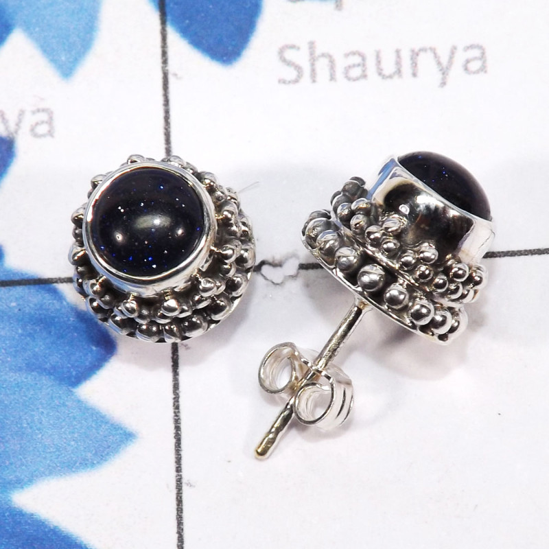 Blue Sand Stone D - SSE912-6mm Round Designed Stud Earrings of 925 Sterling Silver J Blue Sand Stone D - SSE912-6mm Round Designed Stud Earrings of 925 Sterling Silver J