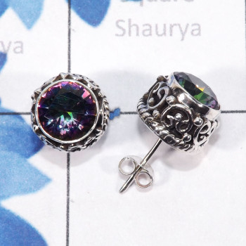 Mystic quartz C - SSE911-7mm Round 925 Sterling Silver Designed Stud Earrings With