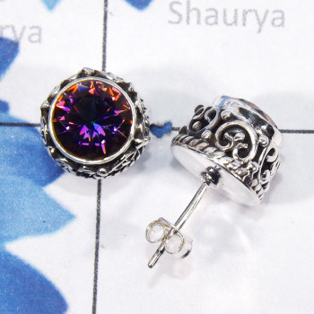 Mystic Quartz O - SSE911-7mm Round 925 Sterling Silver Designed Stud Earrings With