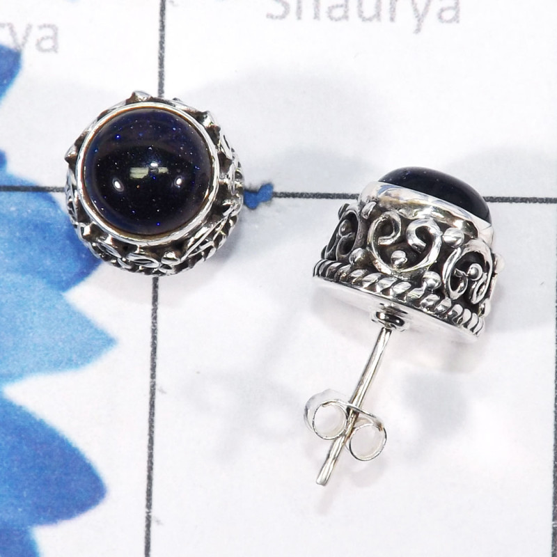 Blue Sand Stone A - SSE910-7mm Round Multi Cab Gemstones Designed Stud Earrings of 9 Blue Sand Stone A - SSE910-7mm Round Multi Cab Gemstones Designed Stud Earrings of 9