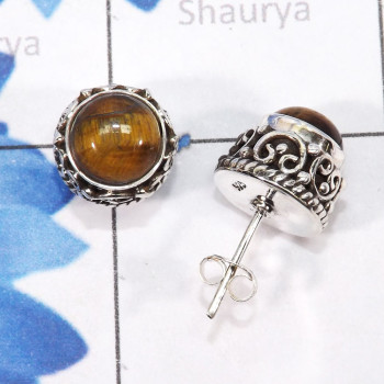 Tiger Eye E - SSE910-7mm Round Multi Cab Gemstones Designed Stud Earrings of 9