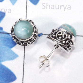 Larimar F - SSE910-7mm Round Multi Cab Gemstones Designed Stud Earrings of 9