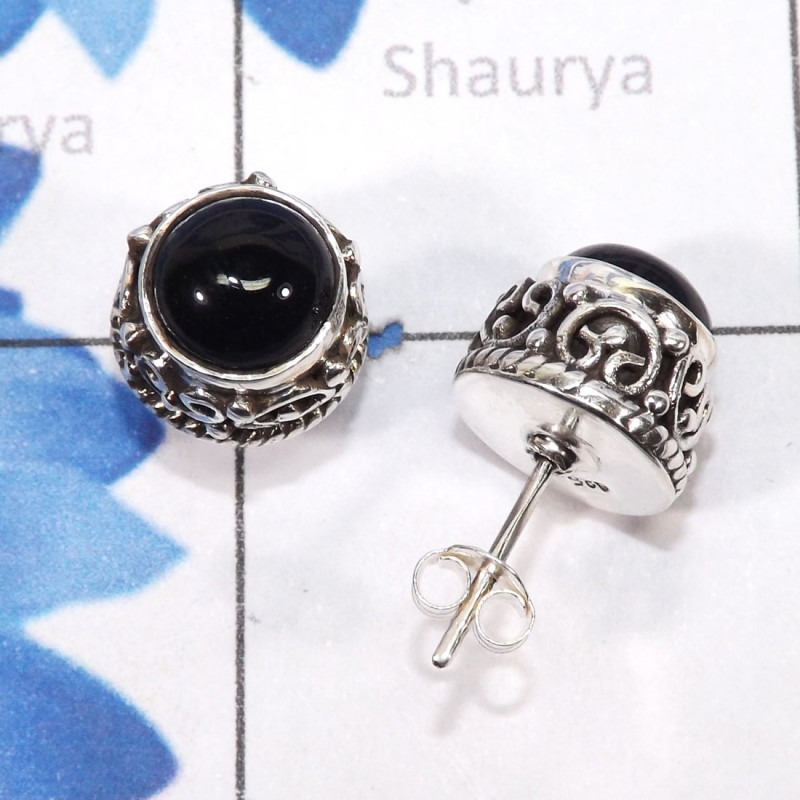 Black Onyx Cab G - SSE910-7mm Round Multi Cab Gemstones Designed Stud Earrings of 9 Black Onyx Cab G - SSE910-7mm Round Multi Cab Gemstones Designed Stud Earrings of 9