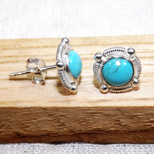 Blue Turquoise E - BLE999-5mm Round LightWeight Stud Earrings of 925 Sterling Silve