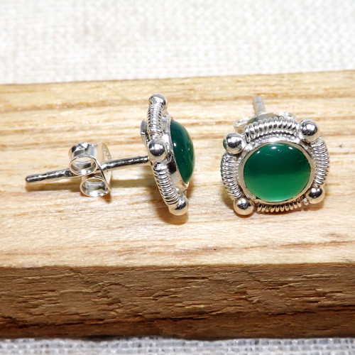 Green Onyx G - BLE999-5mm Round LightWeight Stud Earrings of 925 Sterling Silve