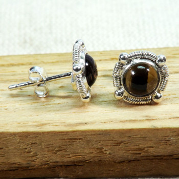 Smokey I - BLE999-5mm Round LightWeight Stud Earrings of 925 Sterling Silve