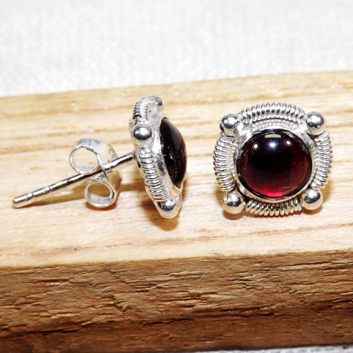 Garnet Cab O - BLE999-5mm Round LightWeight Stud Earrings of 925 Sterling Silve