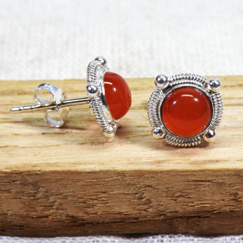 Carnelian Cab A - BLE998-5mm Small Designed Stud Earrings of 925 Sterling Silver &