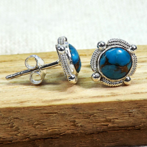 Blue Copper Turquoise B - BLE998-5mm Small Designed Stud Earrings of 925 Sterling Silver &