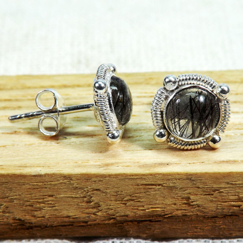 Black Rutile F - BLE998-5mm Small Designed Stud Earrings of 925 Sterling Silver & Black Rutile F - BLE998-5mm Small Designed Stud Earrings of 925 Sterling Silver &