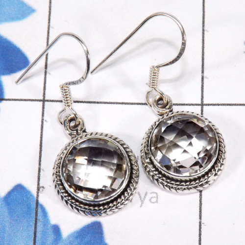 Crystal Quartz A - SDE784-Multi Cut Gemstone Designed 925 Sterling Silver Earrings 