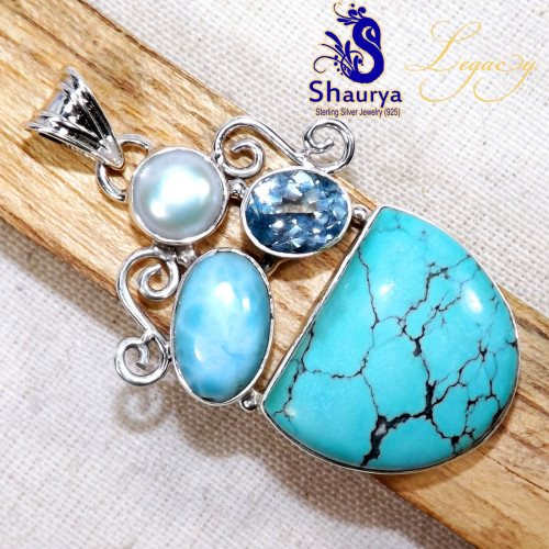 Pearl,Tibet Turquoise Etc D - WFJ915-Geniune Tibet Turquoise Gemstone Pendants With 925 Sterli