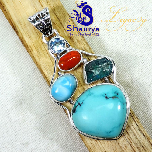 Red Coral,Tibet Turquoise Etc K - WFJ915-Geniune Tibet Turquoise Gemstone Pendants With 925 Sterli