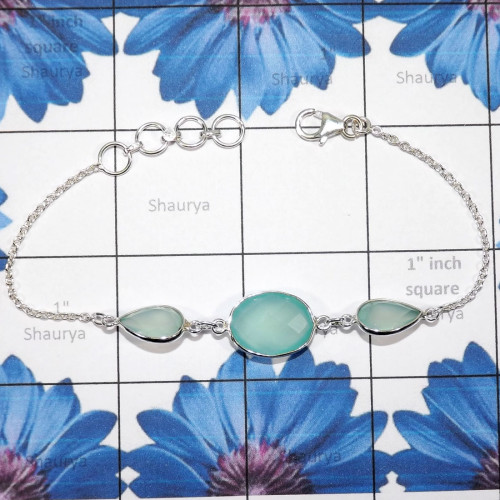 Aqua Chalcedony E - SBB917-New Bezal Braclets of 925 Sterling Silver & Multi Cut Gem