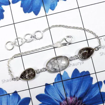 Black Rutile F - SBB917-New Bezal Braclets of 925 Sterling Silver & Multi Cut Gem Black Rutile F - SBB917-New Bezal Braclets of 925 Sterling Silver & Multi Cut Gem