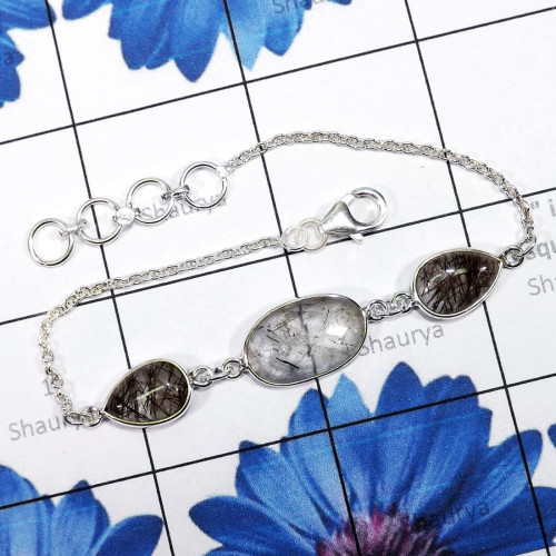 Black Rutile F - SBB917-New Bezal Braclets of 925 Sterling Silver & Multi Cut Gem