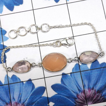 Rose Quartz D - SBB915-Beautiful Bezal 925 Sterling Silver Braclets With Geniune Rose Quartz D - SBB915-Beautiful Bezal 925 Sterling Silver Braclets With Geniune