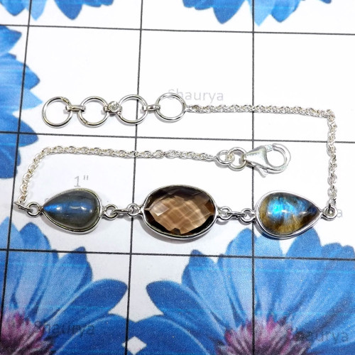 Smokey Cut & Labradorite Cab E - SBB915-Beautiful Bezal 925 Sterling Silver Braclets With Geniune