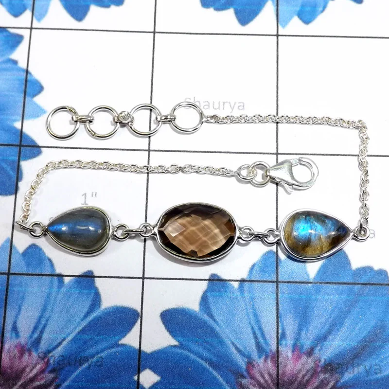 Smokey Cut & Labradorite Cab E - SBB915-Beautiful Bezal 925 Sterling Silver Braclets With Geniune Smokey Cut & Labradorite Cab E - SBB915-Beautiful Bezal 925 Sterling Silver Braclets With Geniune
