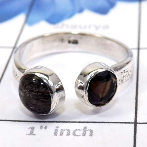 Black Rutile & Smokey Cut E - SDR731-Geniune Gemstones Adjustable Round Shape Rings of 925 ste